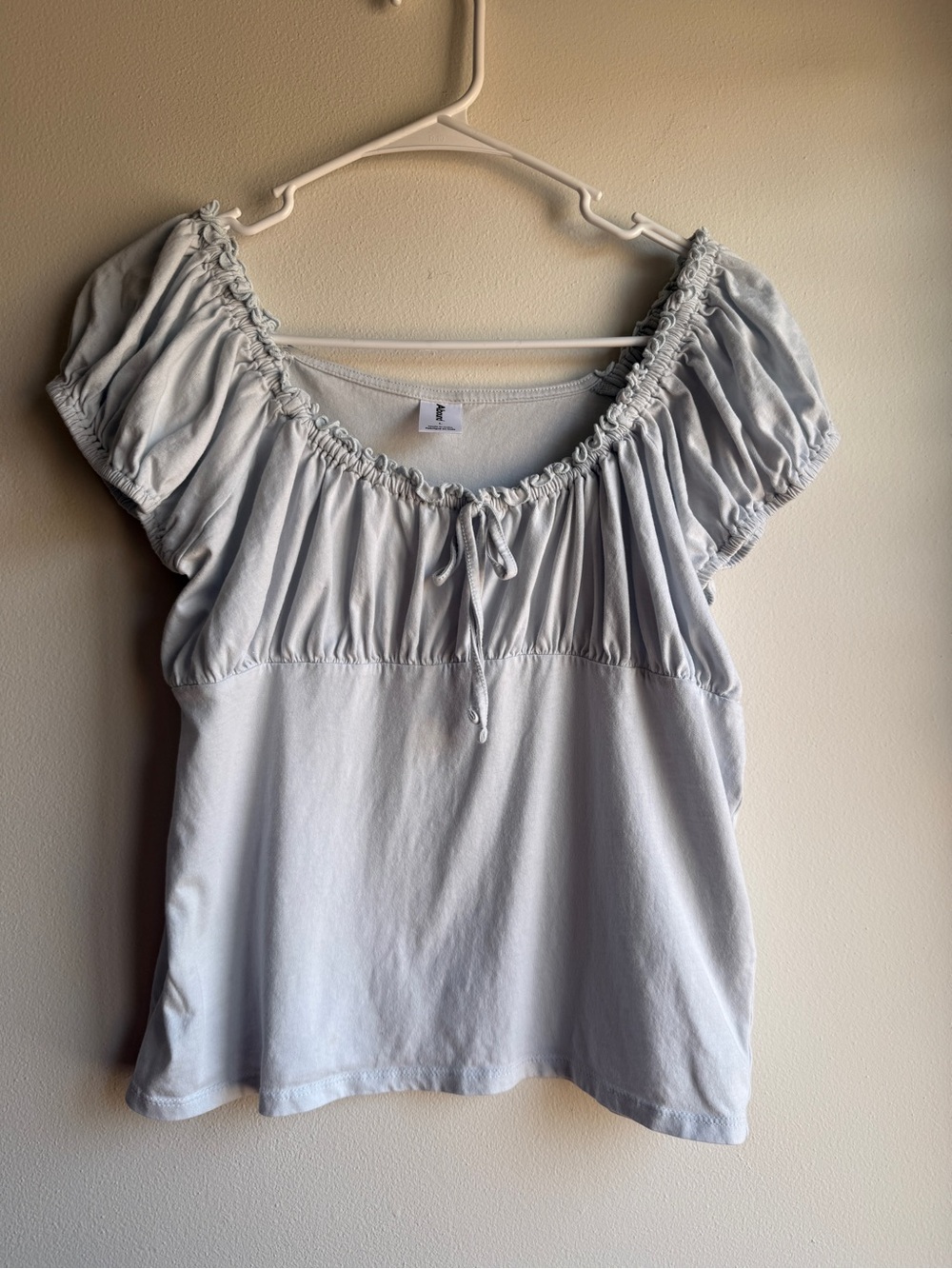 Abound Blue Puff Sleeve Babydoll Top M Ruched Tie Front